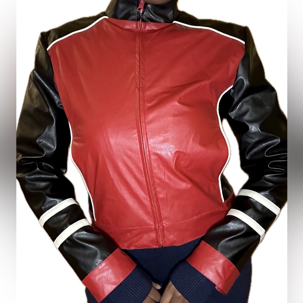 Vintage y2k PVC faux leather biker motorcycle style colourblock zip up jacket